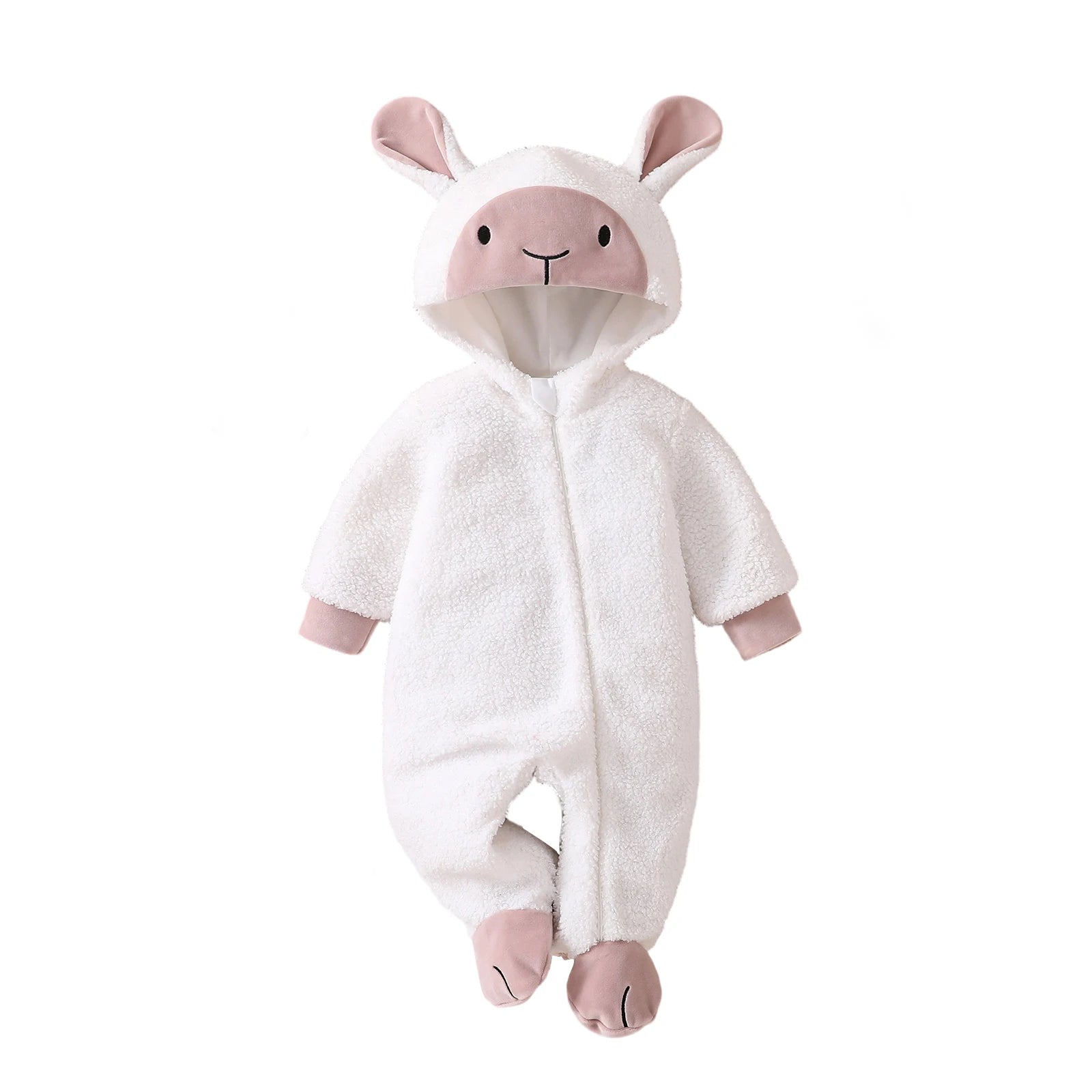 White baby bunny footed romper costume with hood and ears