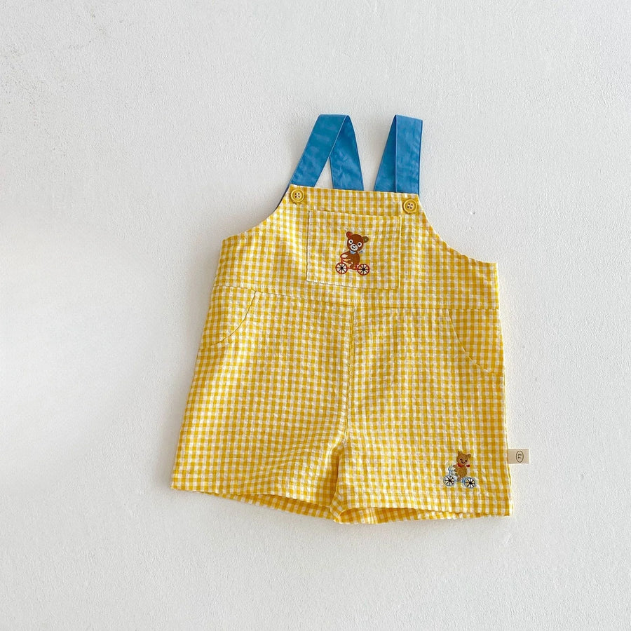 Yellow checkered short overalls with bear bicycle embroidery