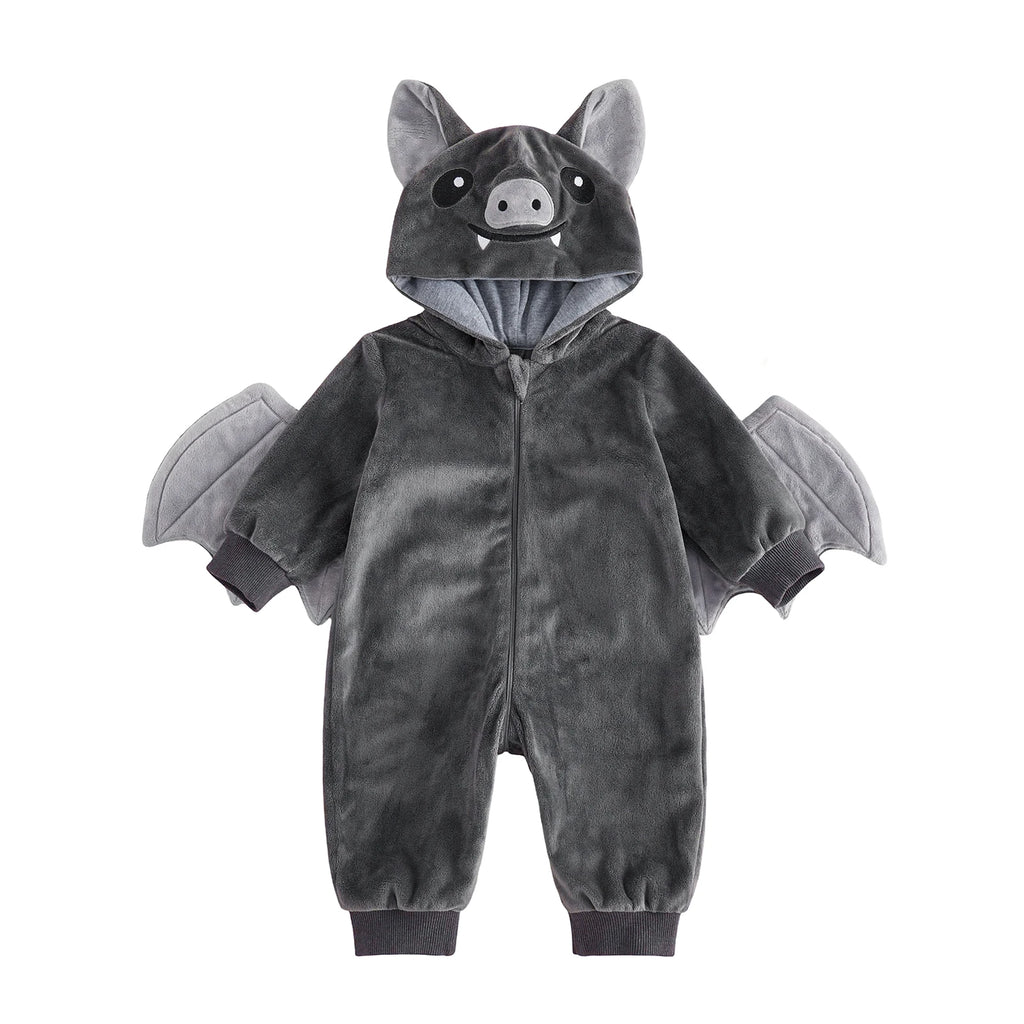 Gray bat hooded romper with wings attached to sleeves front view