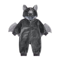 Gray bat hooded romper with wings attached to sleeves front view