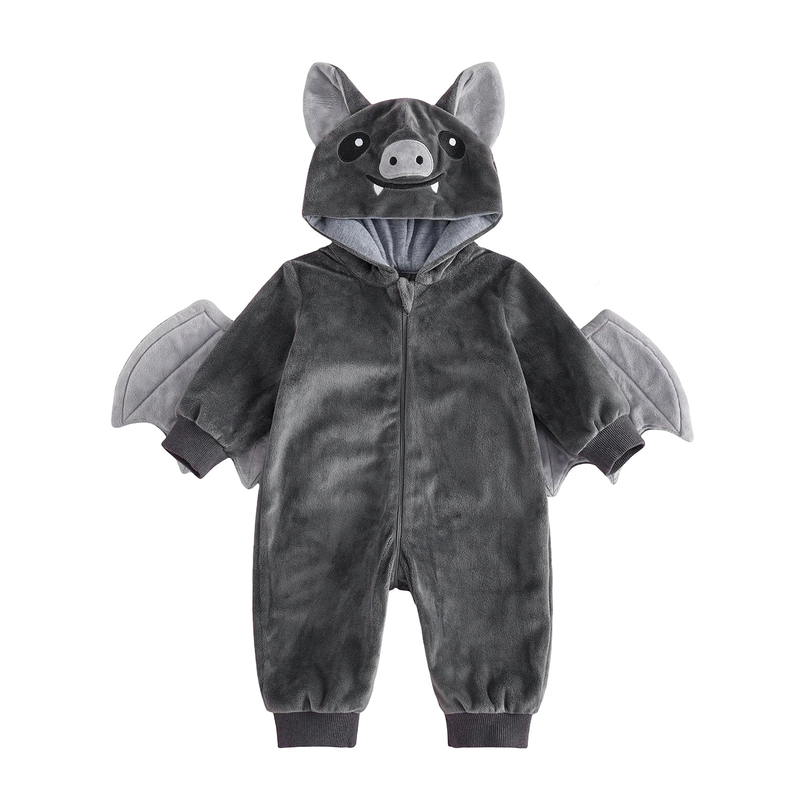 Gray bat hooded romper with wings attached to sleeves front view
