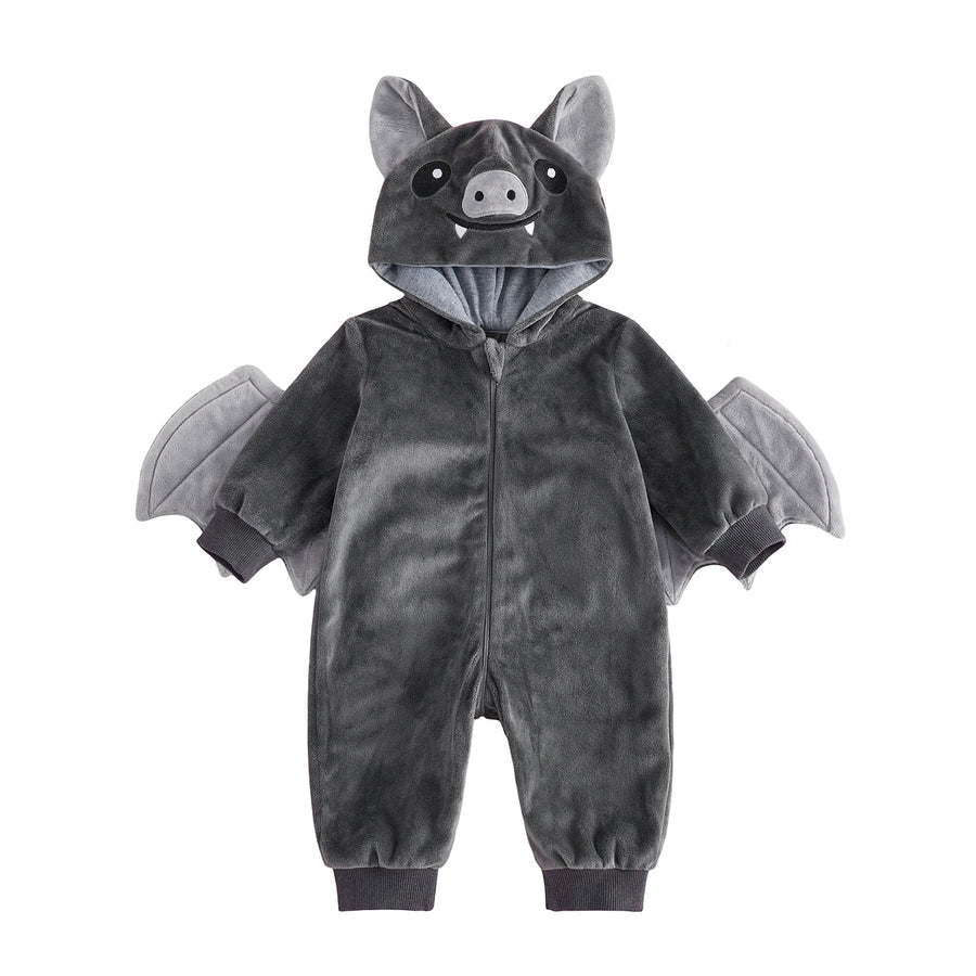 Gray bat hooded romper with wings attached to sleeves front view