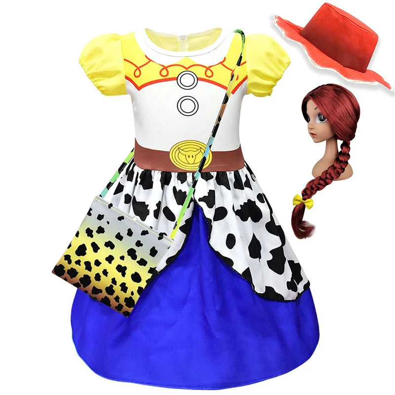 Western cowgirl dress costume with red hat bag and braided wig