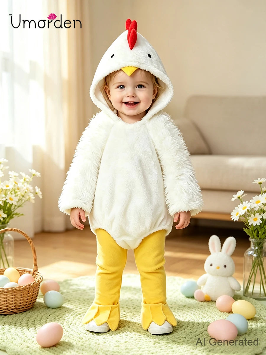 Toddler in white chick costume standing indoors with Easter eggs