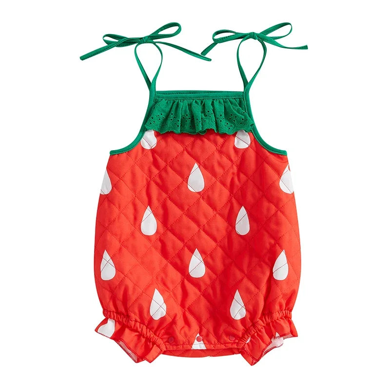 Red strawberry print romper costume with green ruffle and tie straps for toddler girls