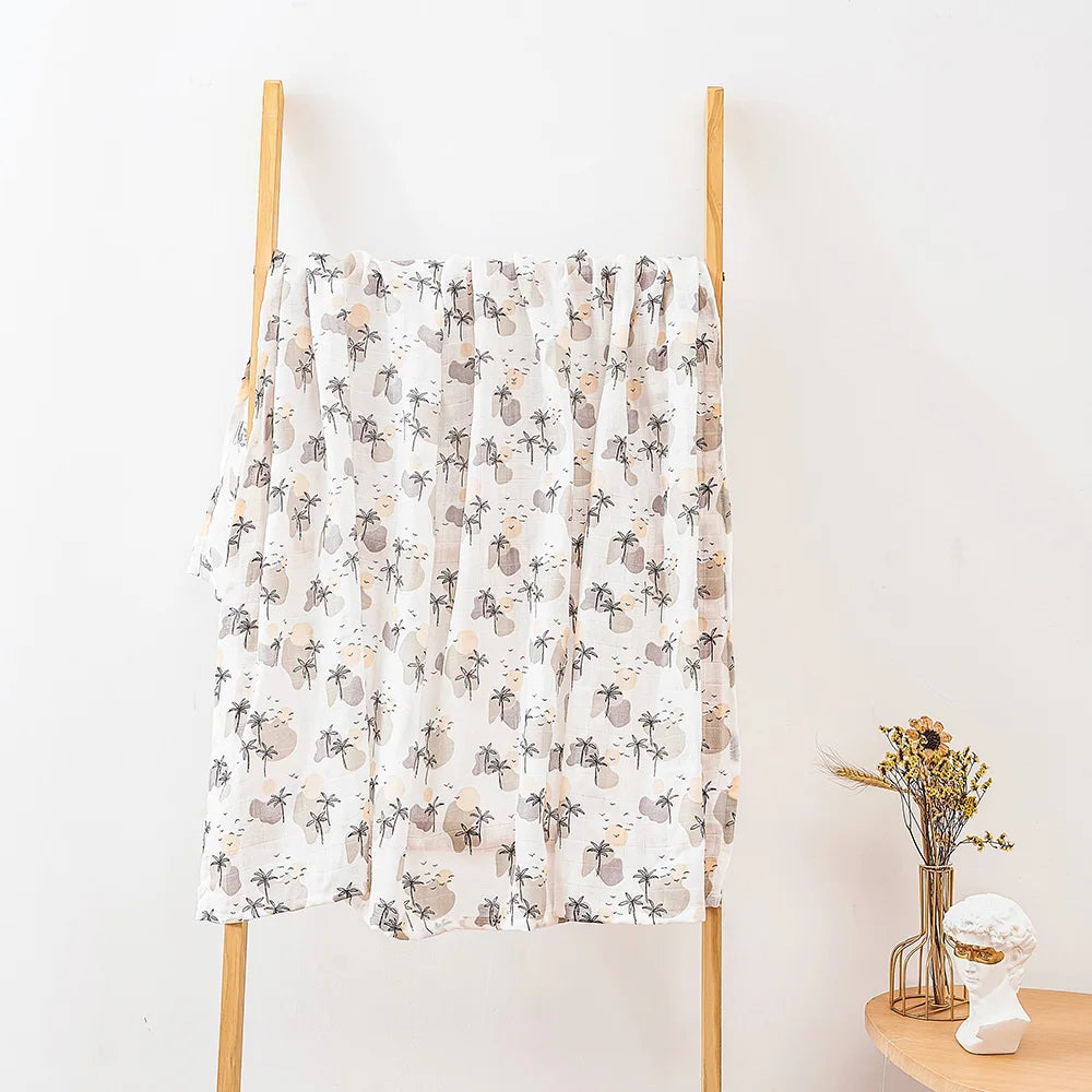HappyFlute Bamboo Cotton Muslin Swaddle Blanket – Soft Multi-Use Baby Wrap, Printed, 120 x 110 cm / 47.2 x 43.3 in - Palm Trees