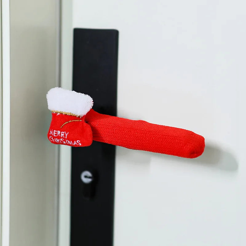 Red fabric door handle cover with a Christmas stocking design