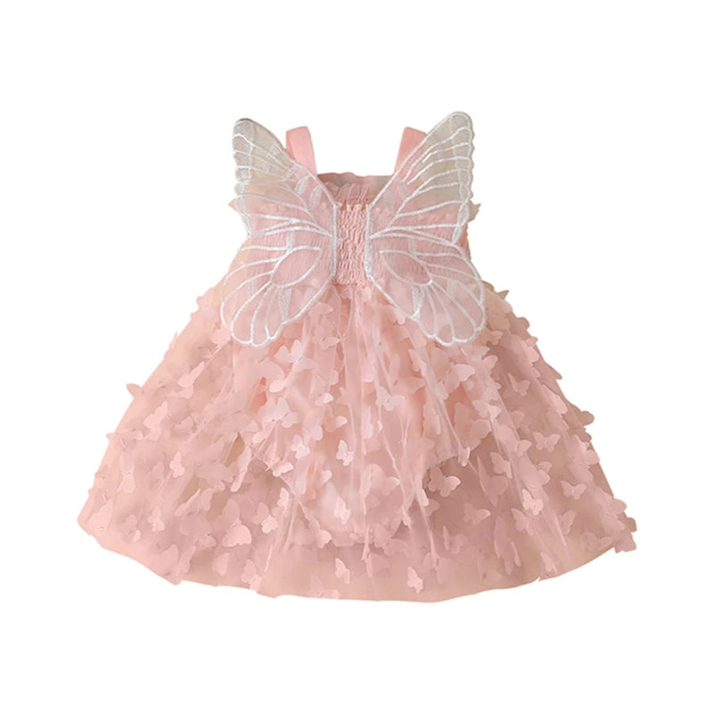 Pink butterfly wings tulle romper dress for baby girls