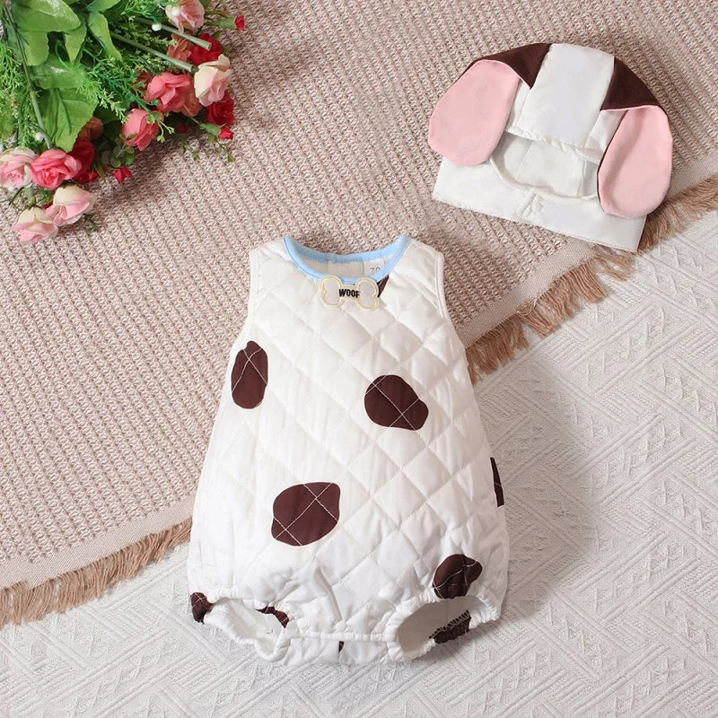 Toddler puppy dog costume set with white quilted romper with brown spots and floppy ears hat
