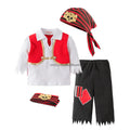 Boys pirate costume set with red vest, white shirt, black pants with patches, red and black striped headscarf and belt with a