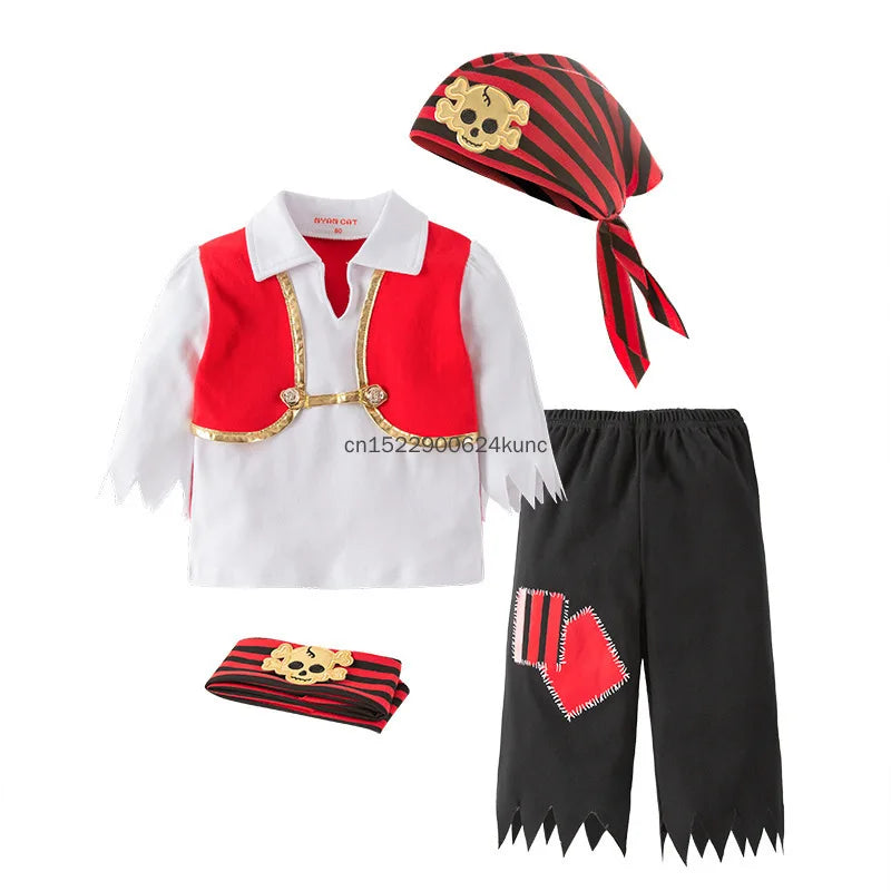 Boys pirate costume set with red vest, white shirt, black pants with patches, red and black striped headscarf and belt with a