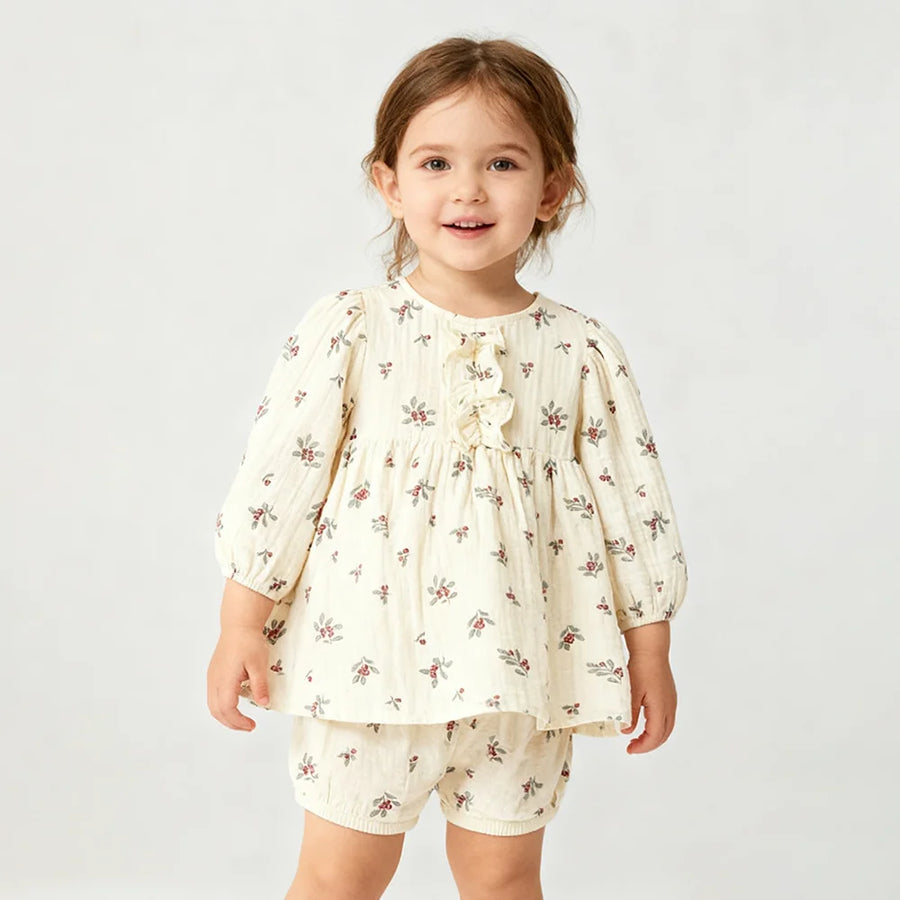 Close-up of organic cotton printed long sleeve top for toddlers