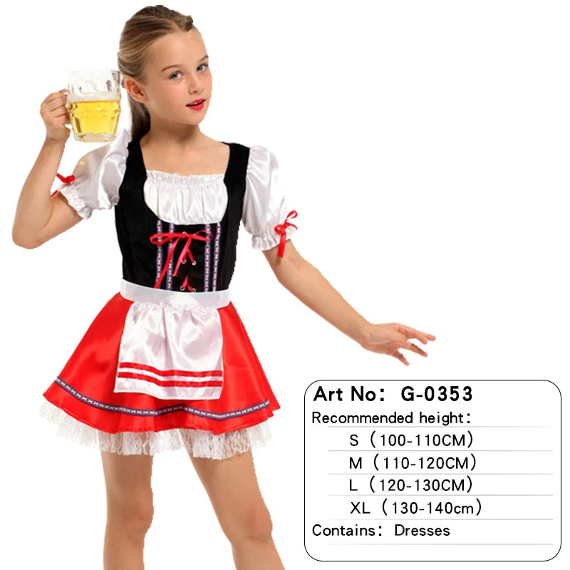 Girl wearing traditional Oktoberfest style costume dress with black bodice, white puff sleeves, red skirt, and white apron