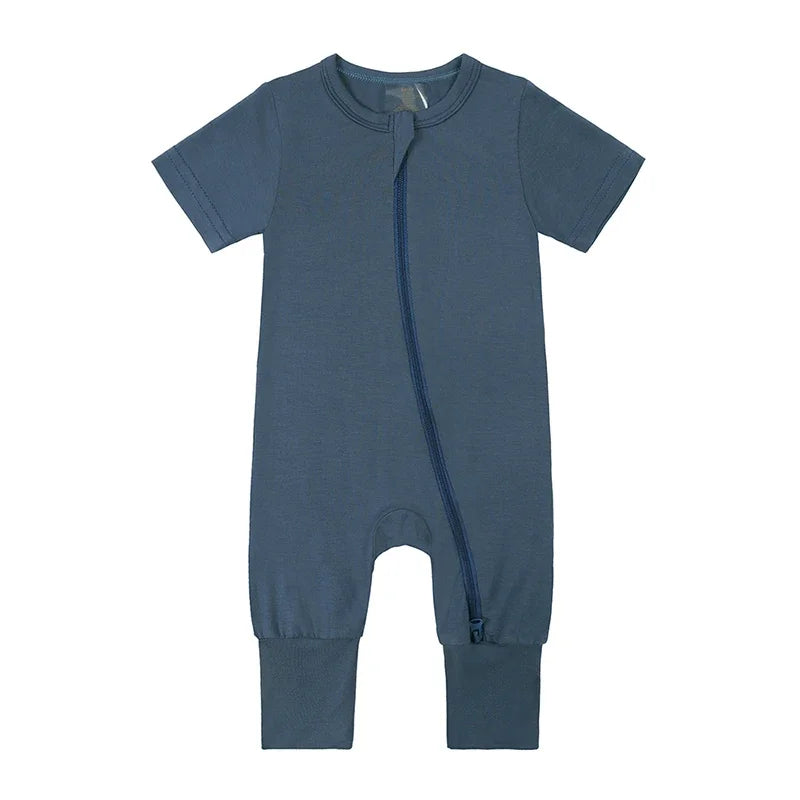 Bamboo Short Sleeve Zip Romper - Deep Blue
