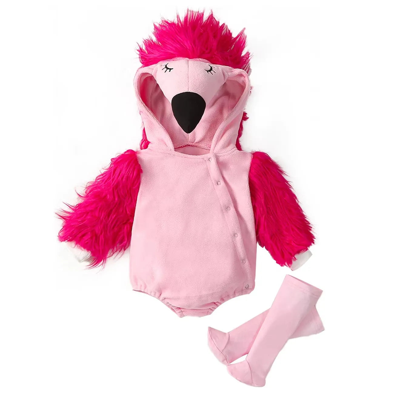 Pink flamingo baby costume set with hooded romper and stockings