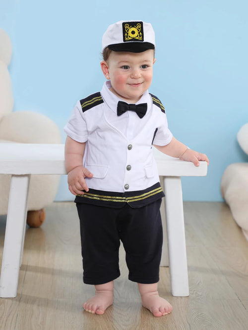 Baby wearing nautical romper with hat