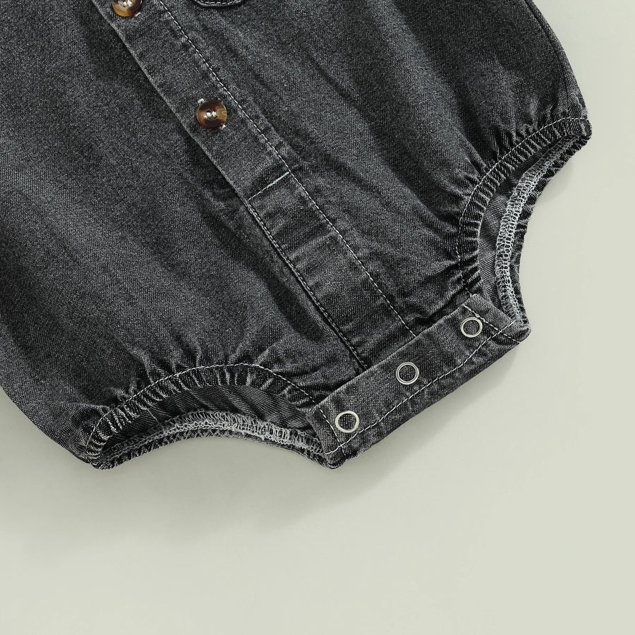 Denim Short Sleeve Baby Romper in Black