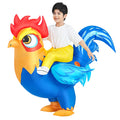 Child wearing inflatable blue rooster costume with red comb and yellow beak