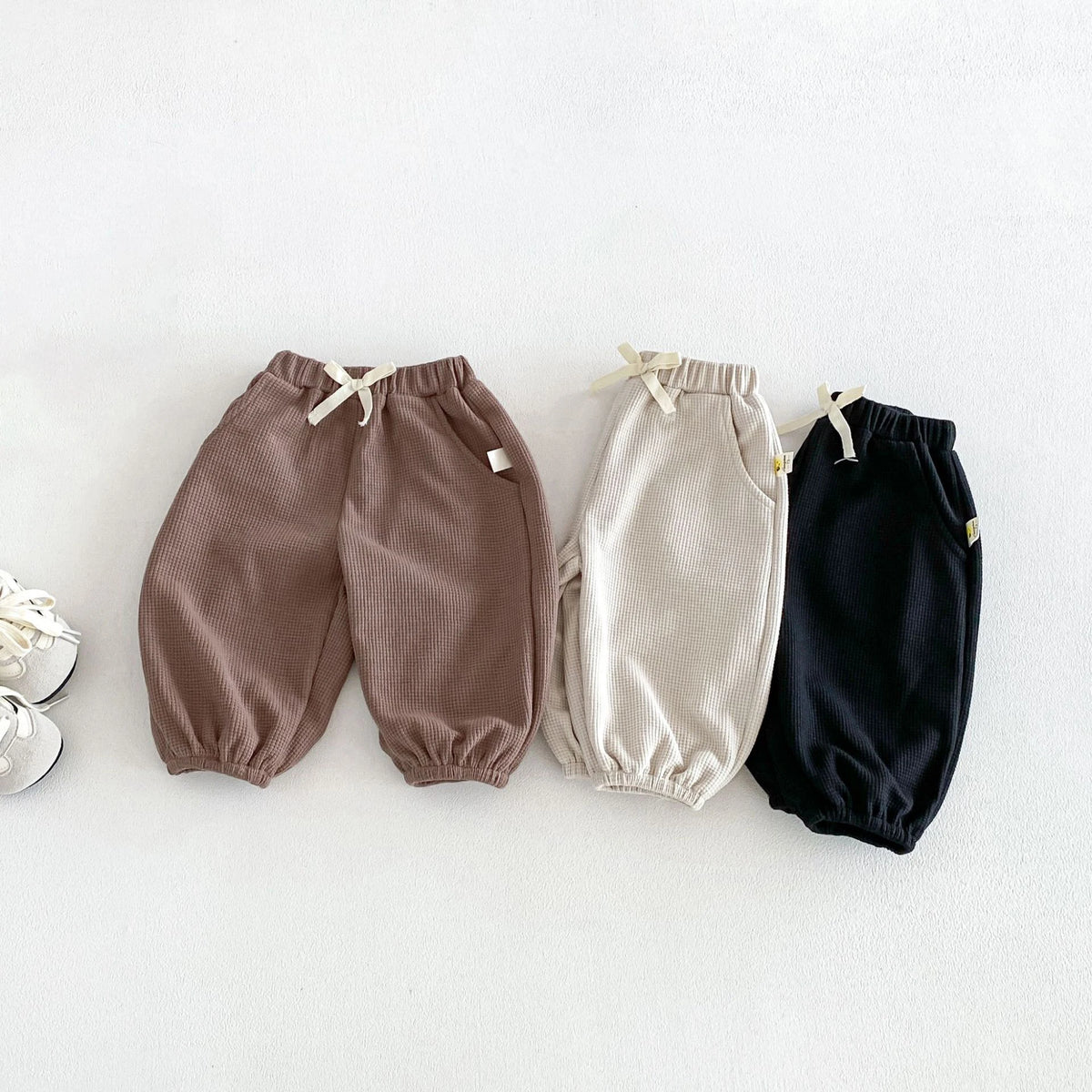 Loose Waffle Knit Pants in Black