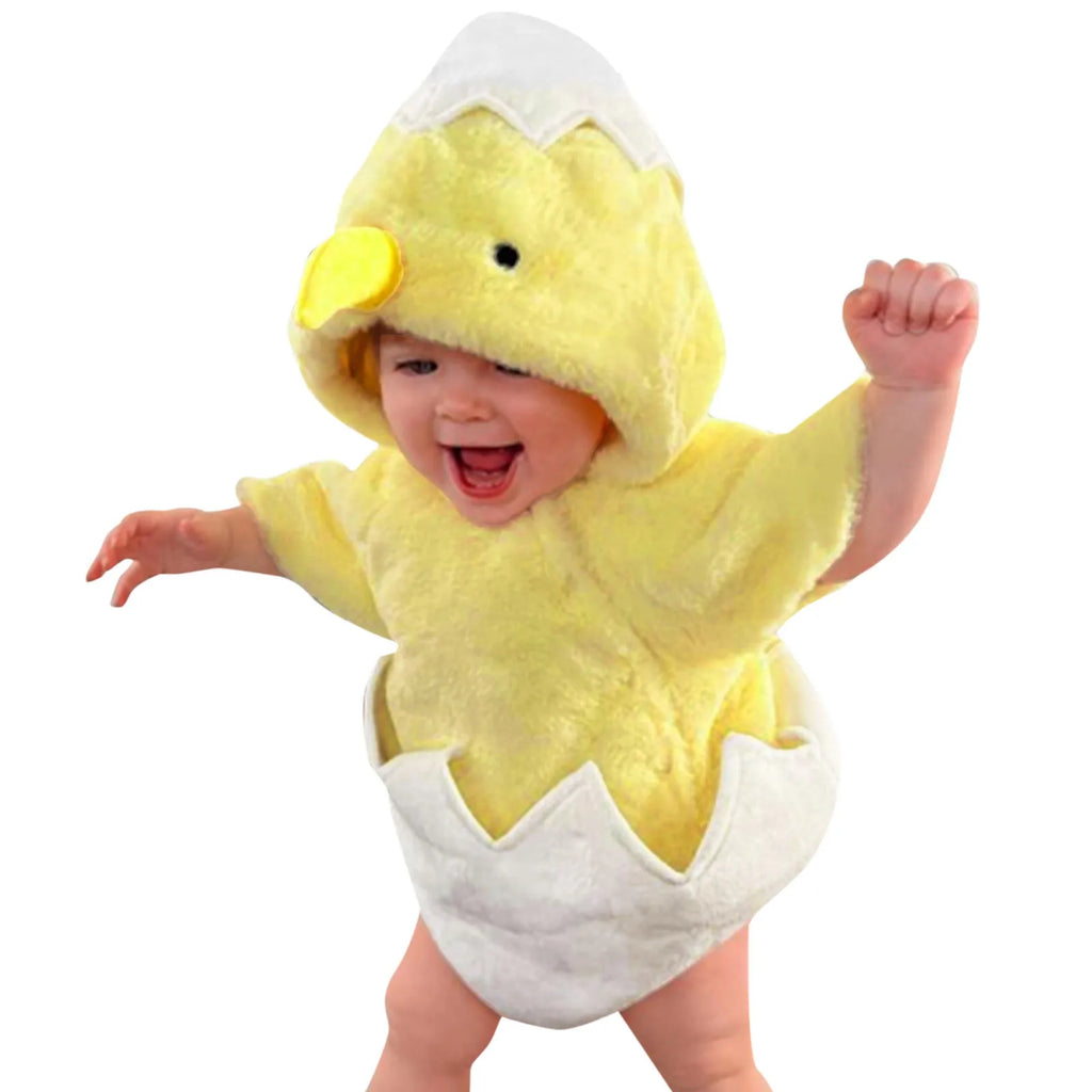 Baby wearing yellow chick costume romper with white eggshell design and hood with chick face