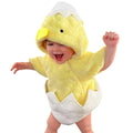 Baby wearing yellow chick costume romper with white eggshell design and hood with chick face