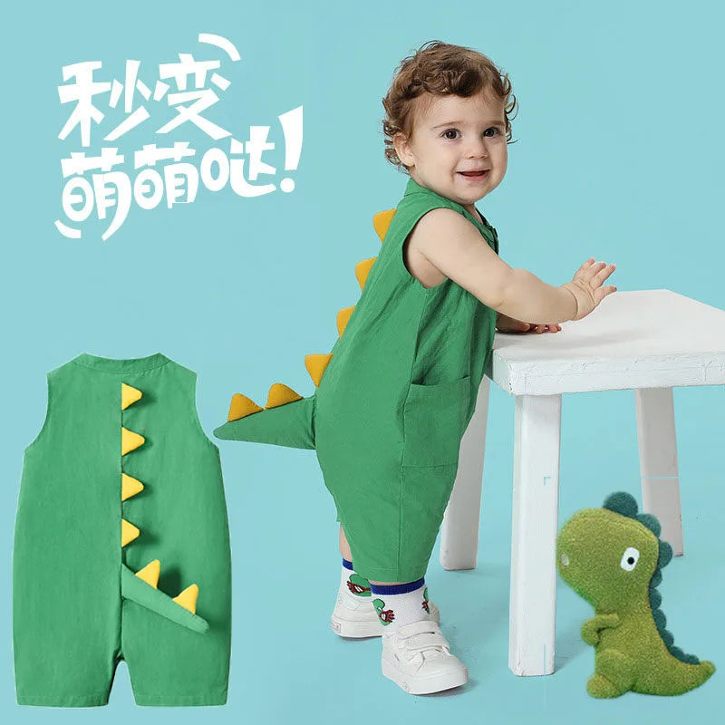 Green dinosaur tail romper costume flat lay