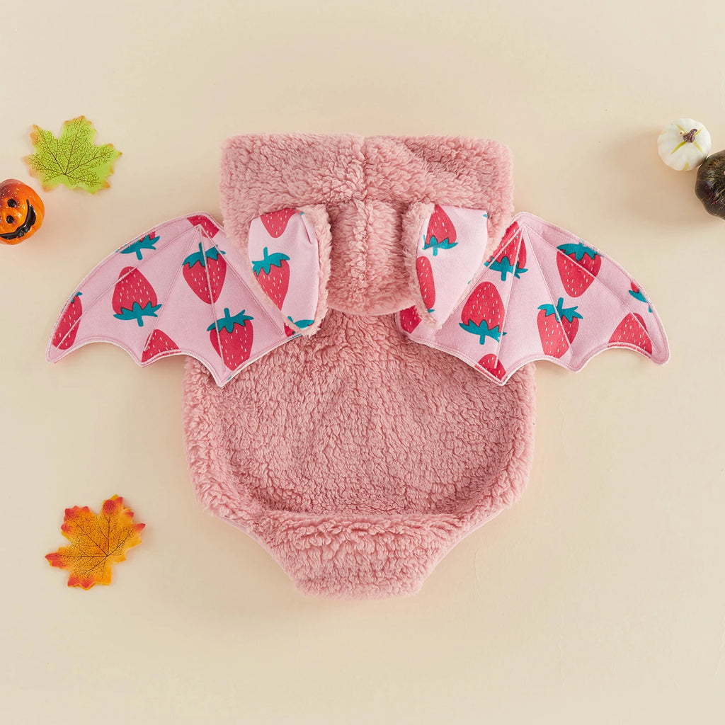 Pink infant romper costume with strawberry bat wings and hood with ears