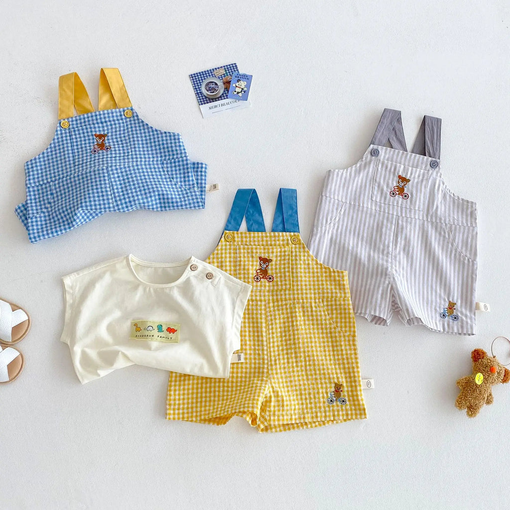 Kids Checkered Cotton Overalls with Bear Embroidery