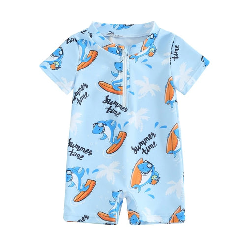 Baby Boys Summer Swimwear Beach Swimming Suit Cute Sea Element Prints Zipper Short Sleeve Monokini Swimsuit
