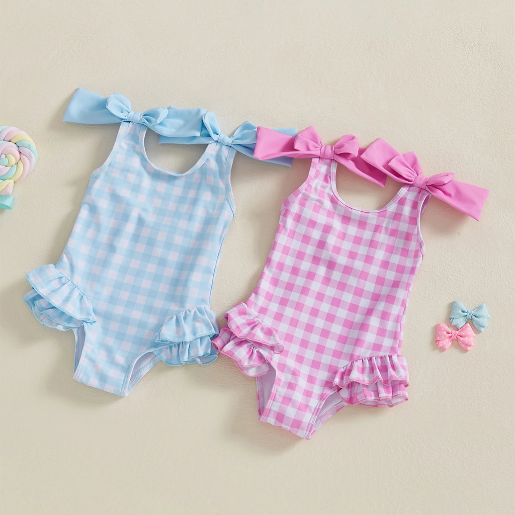 Plaid Print Girls Swimsuit with Ruffles and Double Bowknot