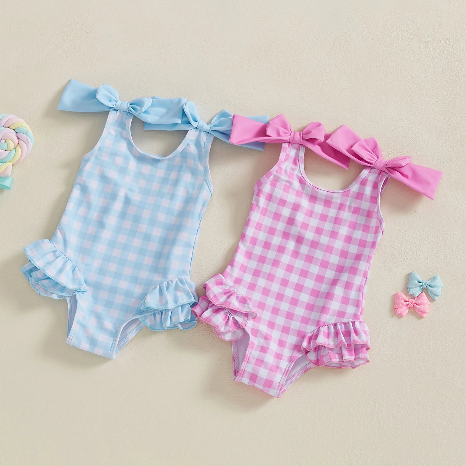 Plaid Print Girls Swimsuit with Ruffles and Double Bowknot