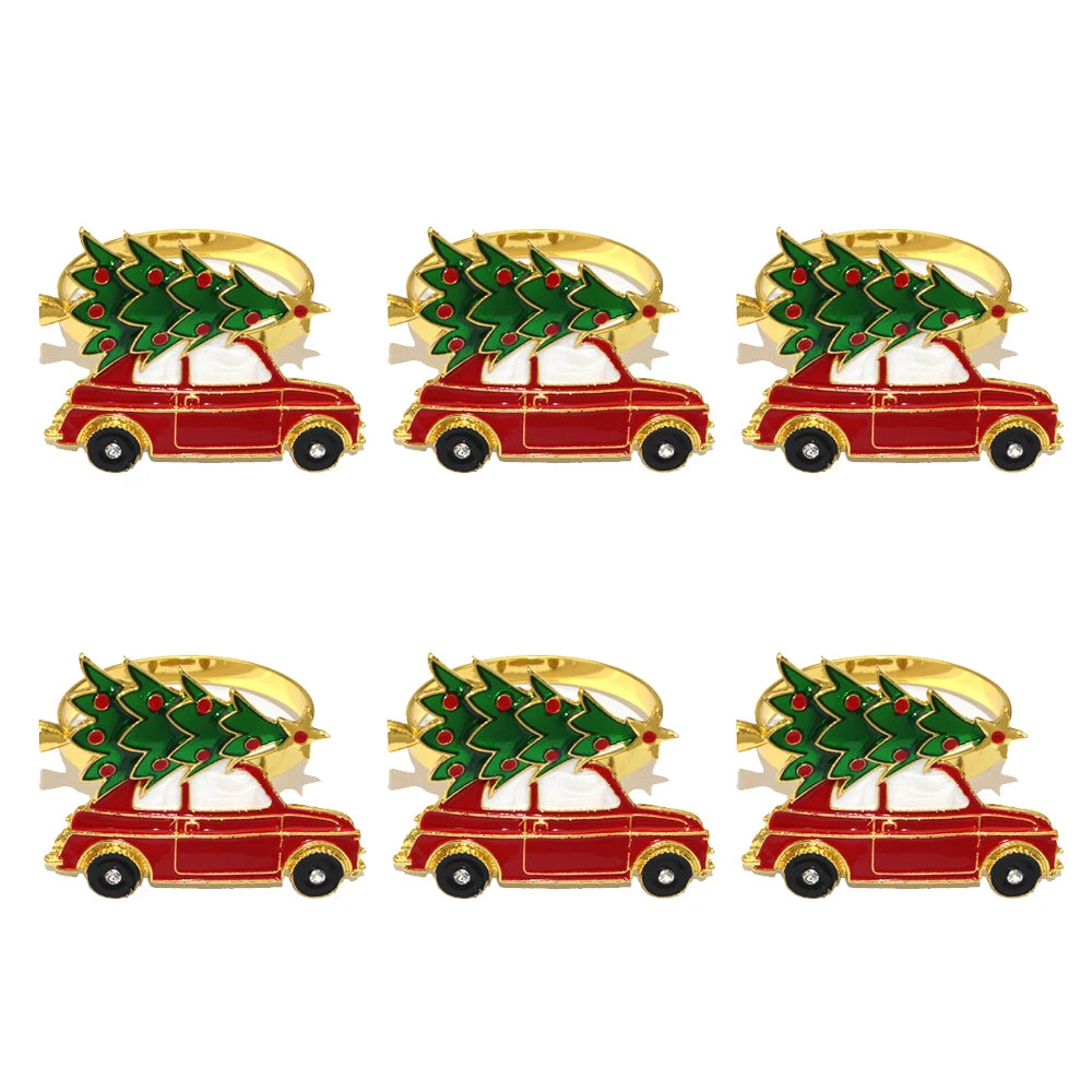 Red Christmas Car with Tree Napkin Rings — Set of 6. A red car carrying a green Christmas tree.