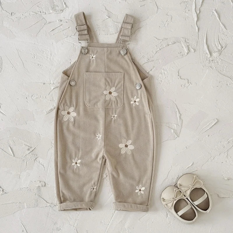 Floral Embroidered Corduroy Overalls