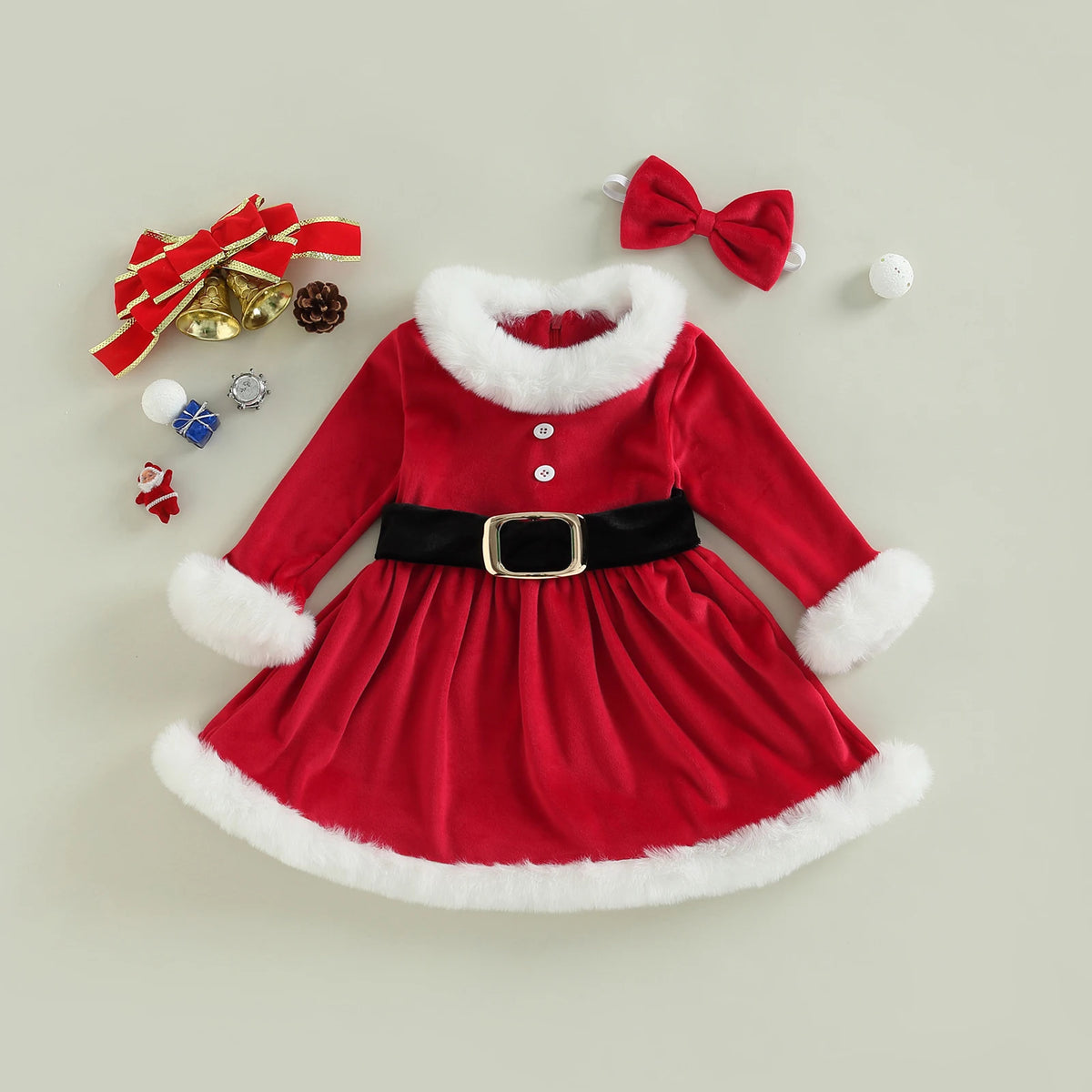 Red long-sleeve Santa dress with fluffy white trim, a black belt detail, and a matching red bow headband.