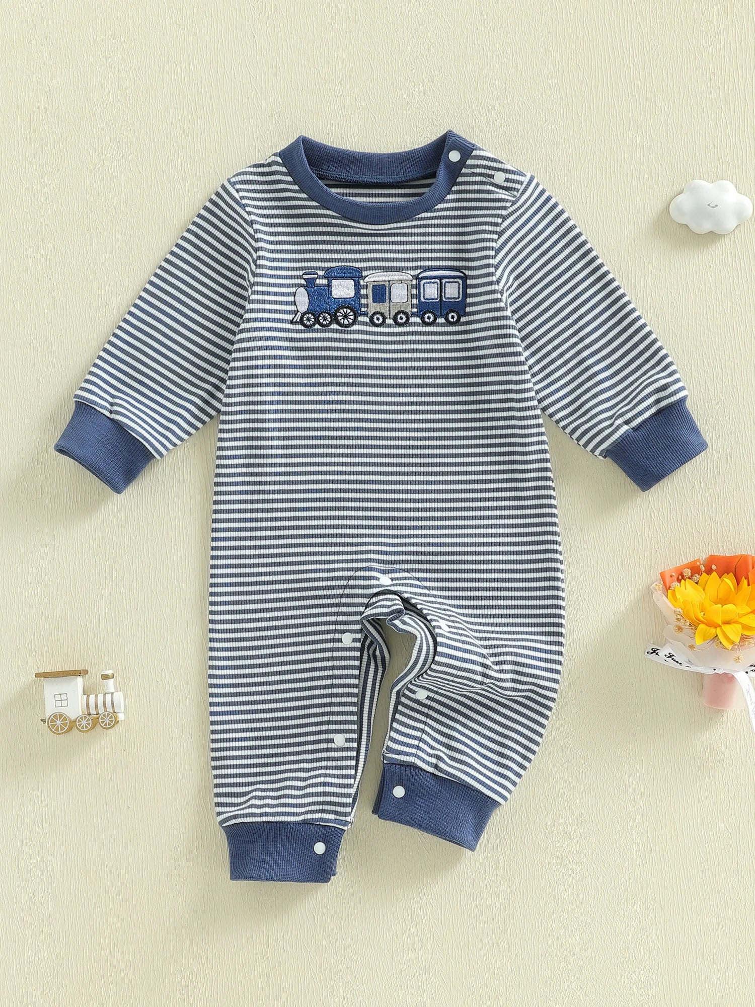 Striped Train Embroidery Romper with Long Sleeves and Crewneck
