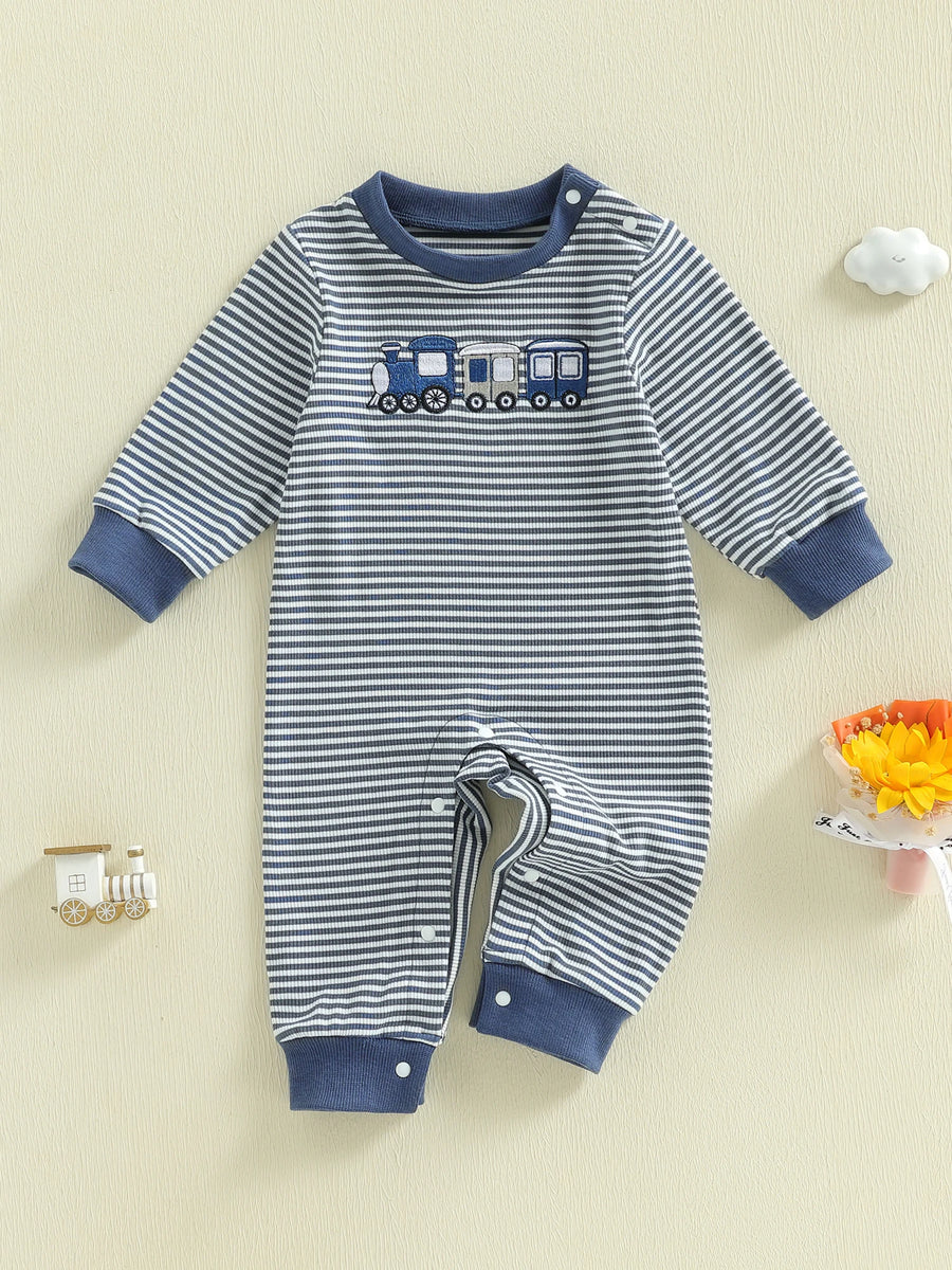 Striped Train Embroidery Romper with Long Sleeves and Crewneck