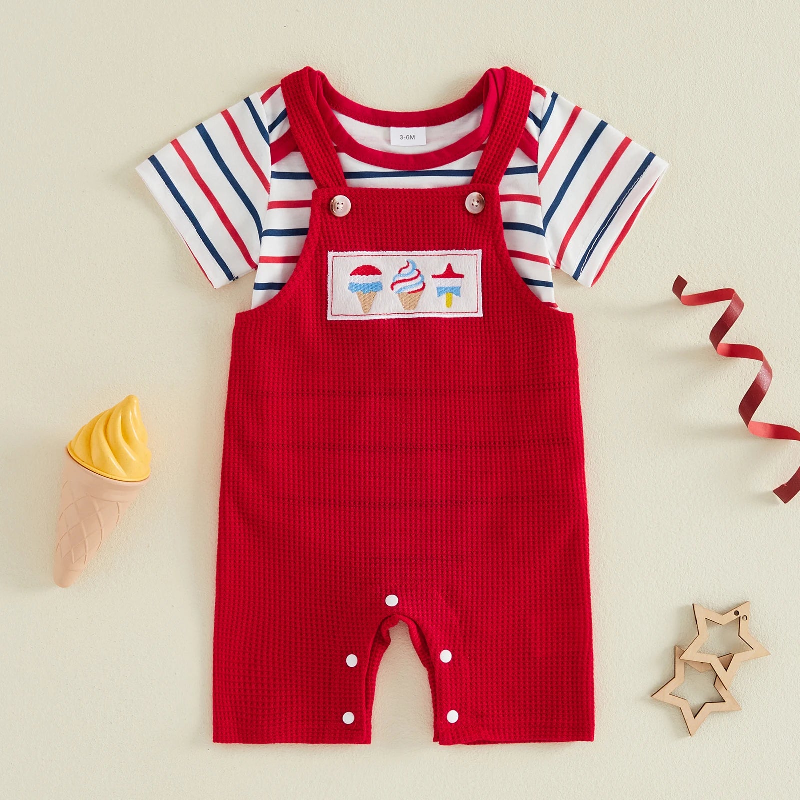 Patriotic Ribbed Romper Set - Red