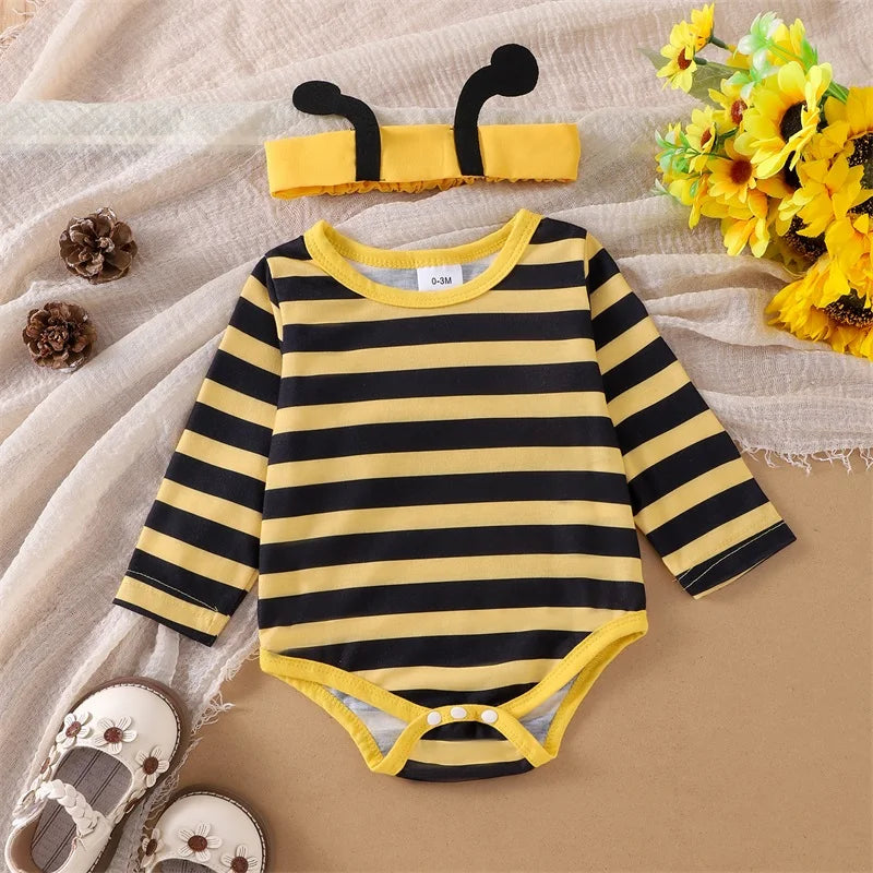 Yellow and black striped romper from the bee costume set