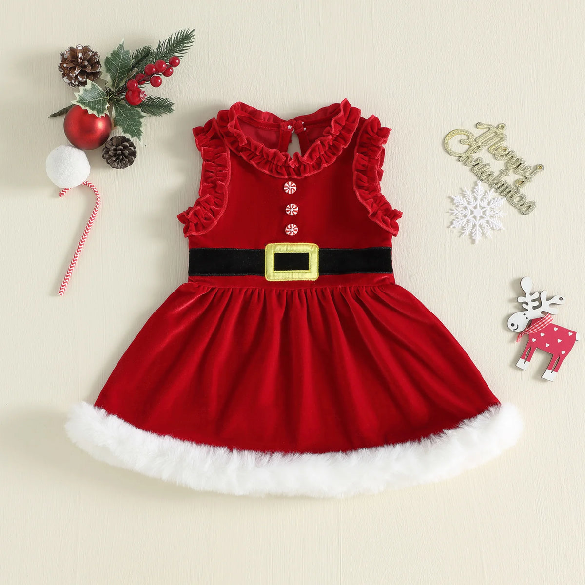 Red sleeveless Santa-style dress with ruffled edges, peppermint-style buttons, a black waistband with a gold-colored buckle, and fluffy white hem trim.
