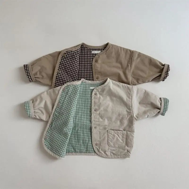 Plaid long sleeve cotton coat for baby and toddler in brown color