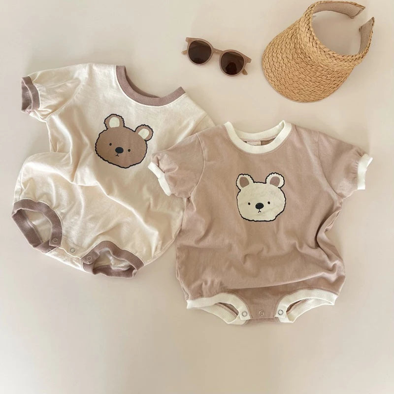 Khaki and beige short-sleeve baby rompers with bear-face motifs