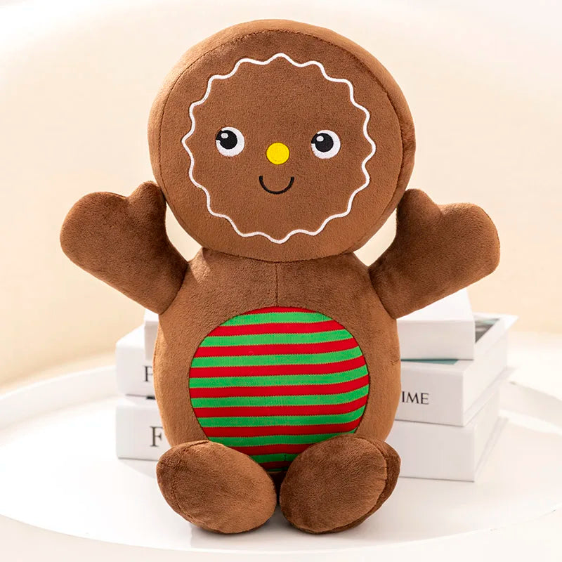 Christmas gingerbread plush figure with red-and-green striped belly
