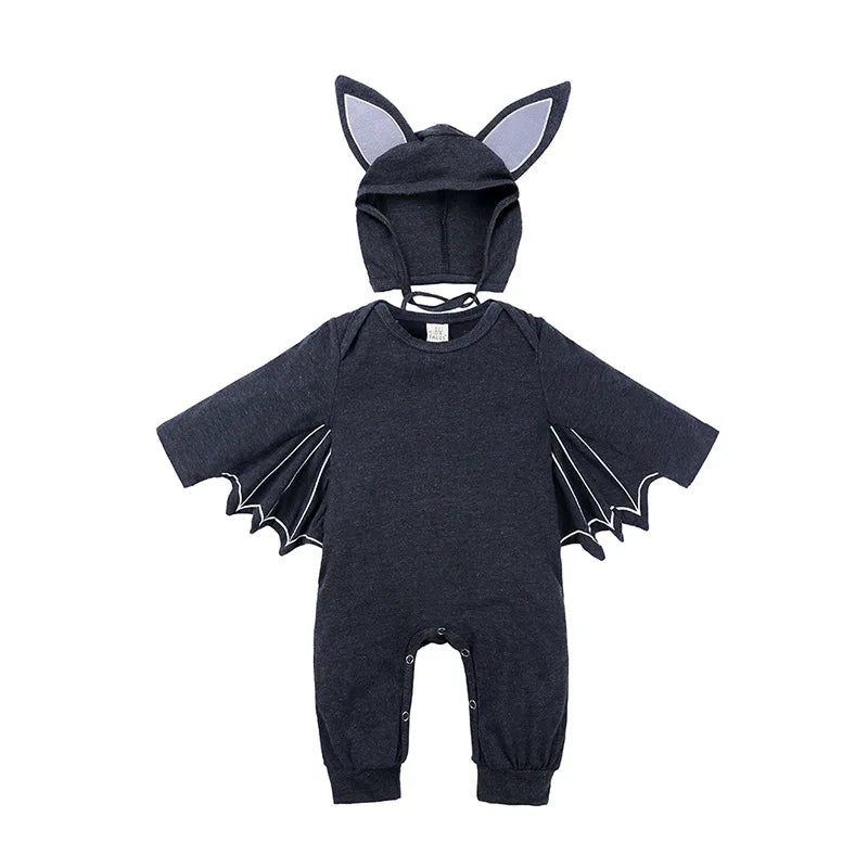 Light gray baby bat jumpsuit costume with hood and ears