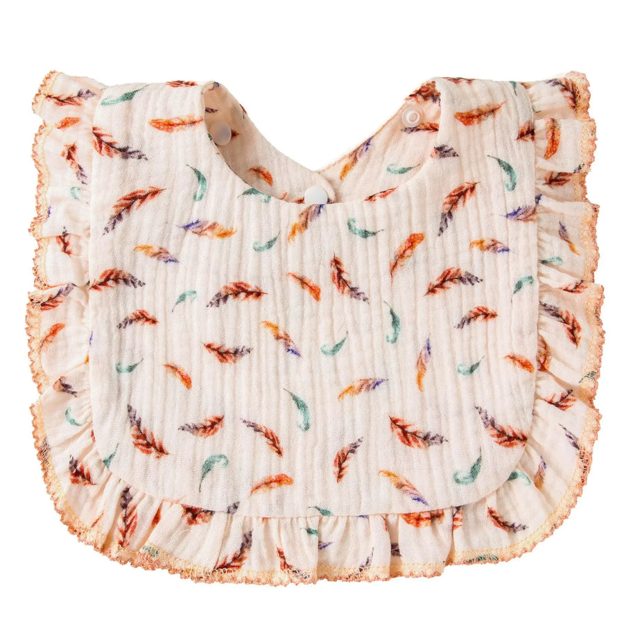 Feather Print Ruffle Cotton Baby Bib, product view