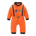 Bright orange astronaut romper with black belt and patches