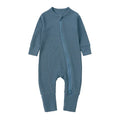 Long Sleeve Ribbed Zip Romper - Dusty Blue