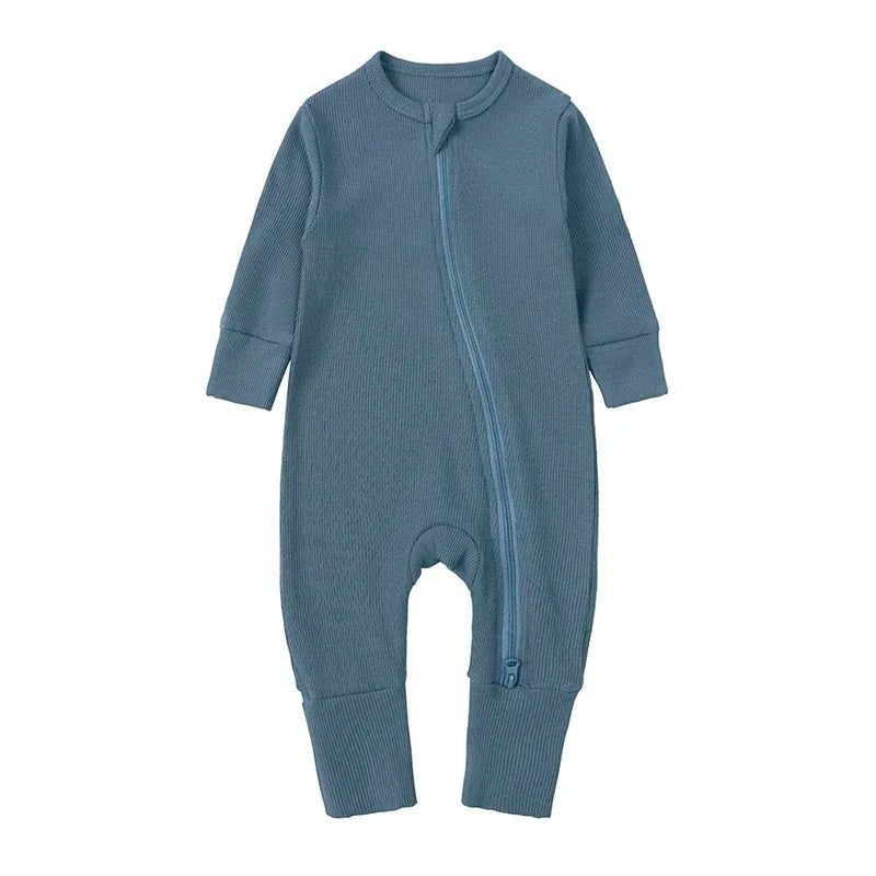 Long Sleeve Ribbed Zip Romper - Dusty Blue