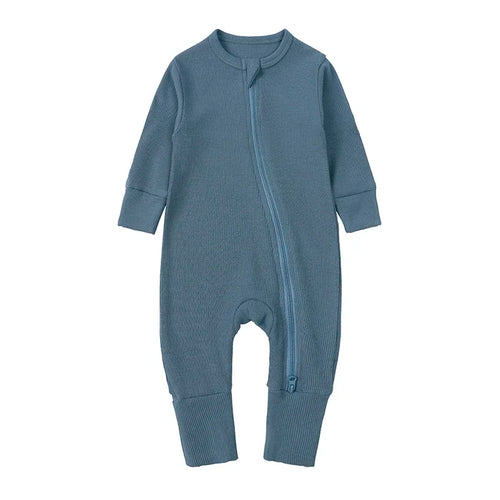 Long Sleeve Ribbed Zip Romper - Dusty Blue, product view