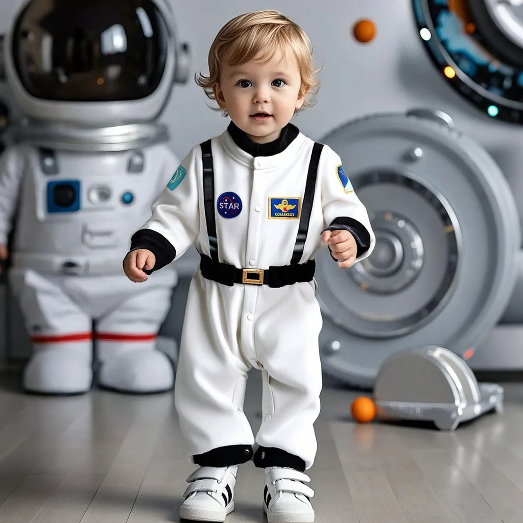 Toddler wearing white astronaut romper costume with space party background