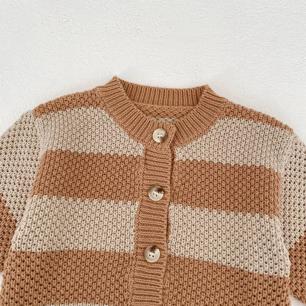 Khaki striped knitted cardigan sweater jacket for baby boys and girls